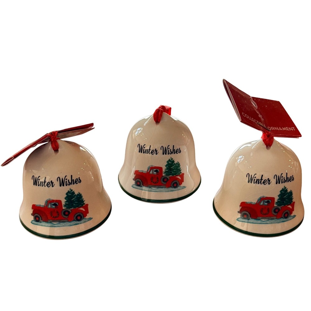 Winter Wishes Red Truck Ceramic Bell Ornament Set 3 Christmas Tree White 2.25in
